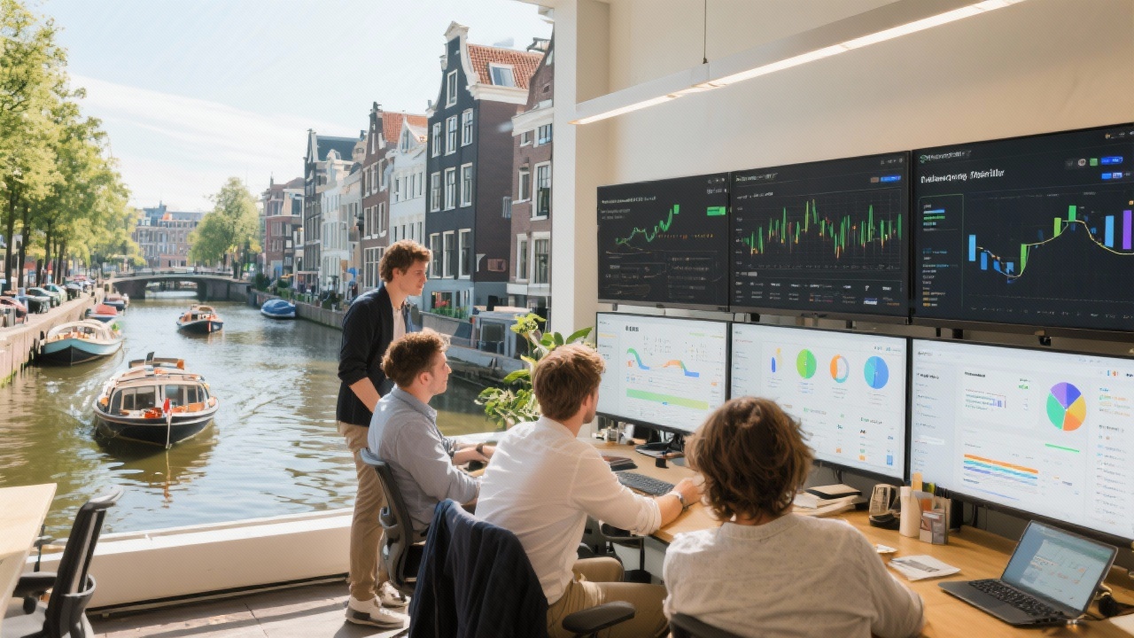 Sunlit Amsterdam canal-side workspace with design teams reviewing startup dashboards on large monitors while boats glide past historic townhouses outside