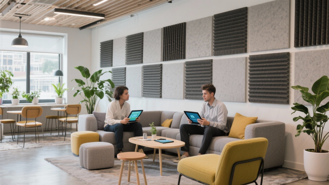 Modern lounge area within a creative academy where designers compare interface iterations on tablets while surrounded by acoustic panels, plants and collaborative furniture