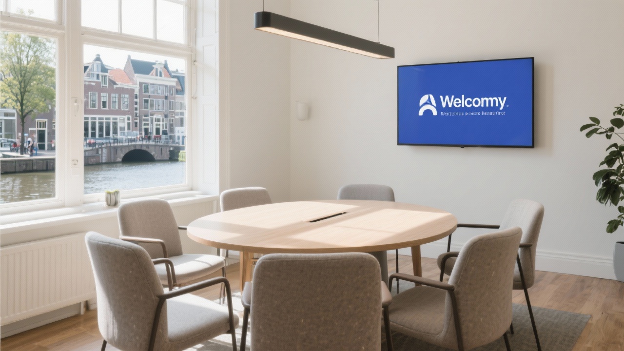 Bright consulting room with round meeting table, comfortable chairs, and a welcome screen showing academy branding in a canal-side Amsterdam building with natural light