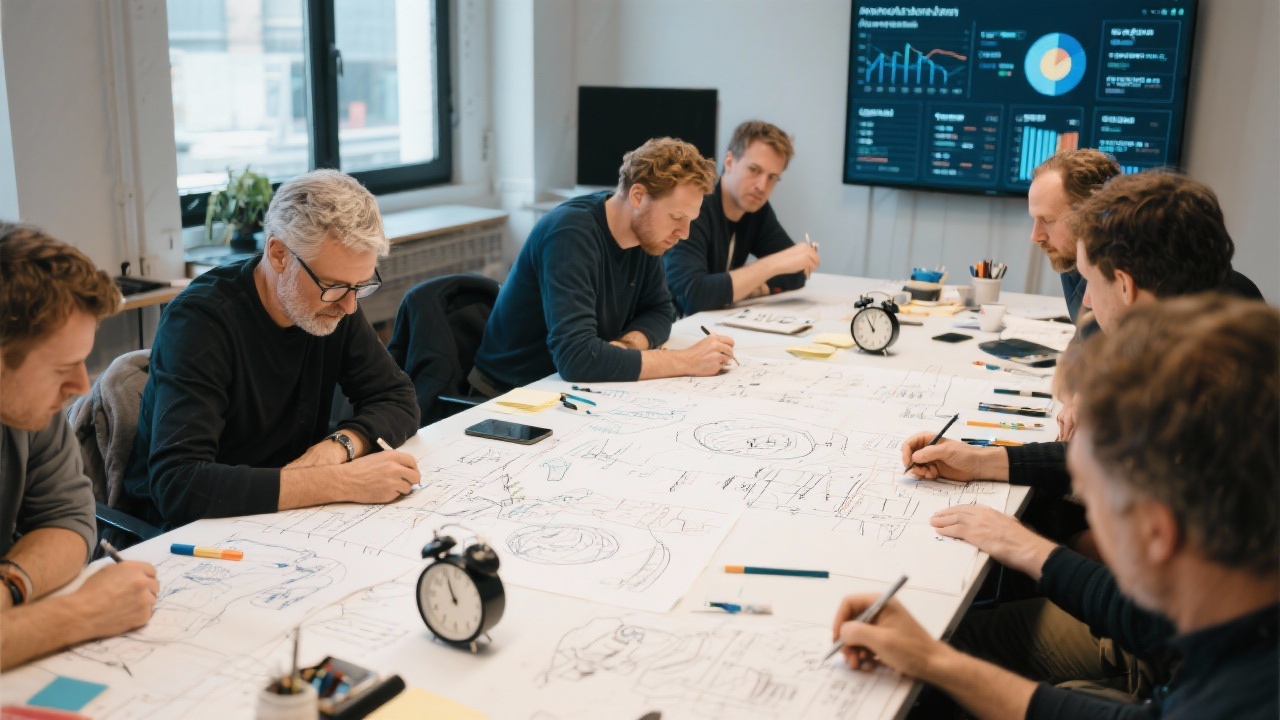 Focused group of senior designers mapping service blueprints on a long table with timers, sketching materials, and projected analytics dashboards during an advanced sprint in Amsterdam