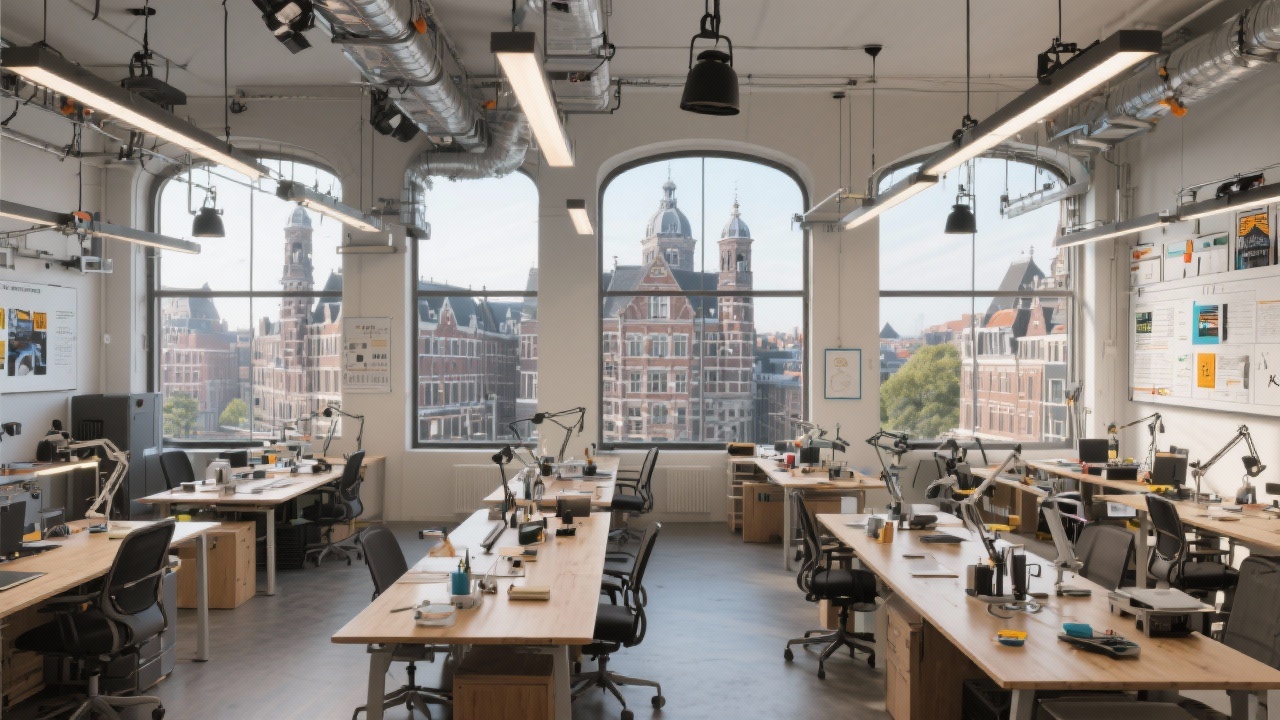 Open-plan creative campus with adjustable desks, prototyping equipment, lighting rigs, and large displays overlooking historic Amsterdam architecture through floor-to-ceiling windows