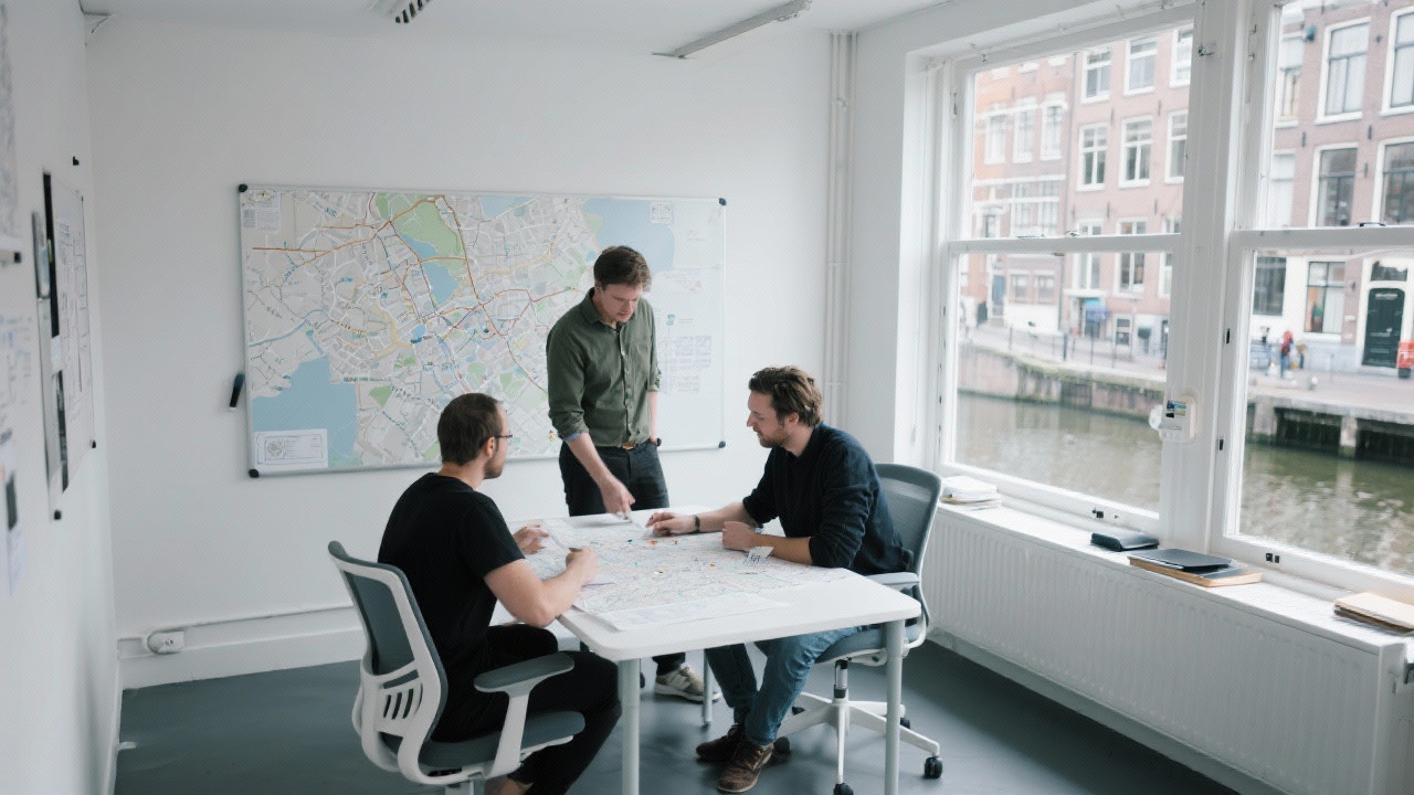 Experienced UX professionals collaborating over detailed journey maps inside a minimalist Amsterdam studio with whiteboards, ergonomic seating, and large windows overlooking historic canals