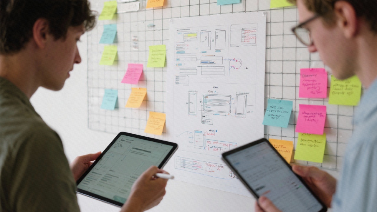 Close-up of annotated interface wireframes displayed on a wall grid with color coded post-its while designers compare design system decisions using tablets and laptops