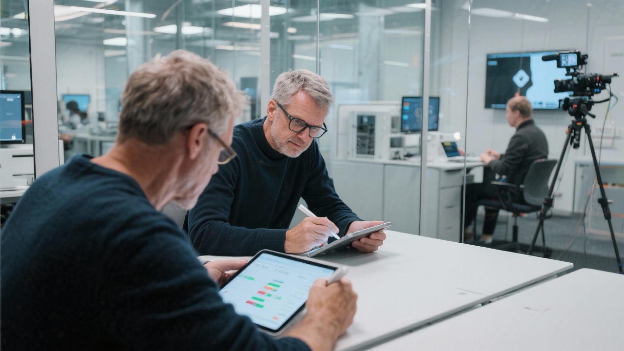 Two senior product designers observing a live usability session while annotating metrics on tablets inside a dedicated Amsterdam testing lab with mirrored glass and recording equipment