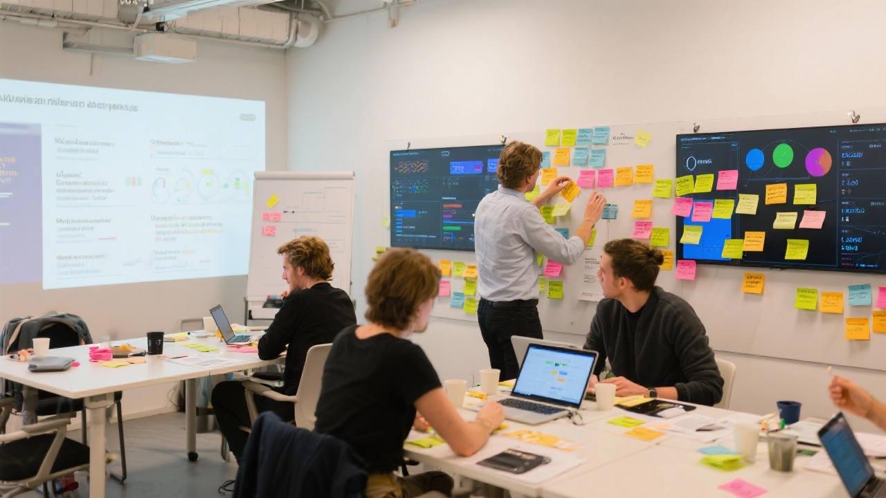 Design strategists synthesizing qualitative research insights with post-its and digital dashboards in a bright Amsterdam workshop environment featuring collaborative tables and projection walls