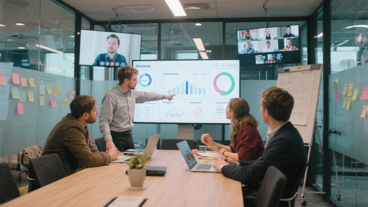 Startup founders and product designers reviewing performance dashboards on large screens inside a polished Amsterdam boardroom with glass partitions, notes, and remote participants on video call monitors