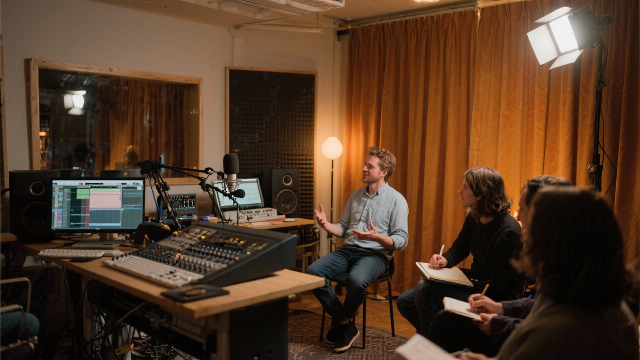 Research lead moderating a user interview session with digital recording equipment inside an Amsterdam studio featuring warm lighting, acoustic curtains and collaborative observers taking notes