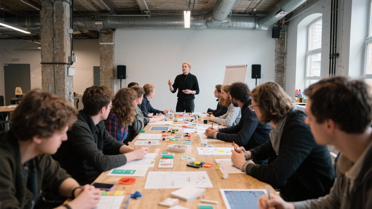 Facilitator guiding a concentrated group through an interactive prototyping exercise with tangible interface components across a long table inside an industrial-style Amsterdam space